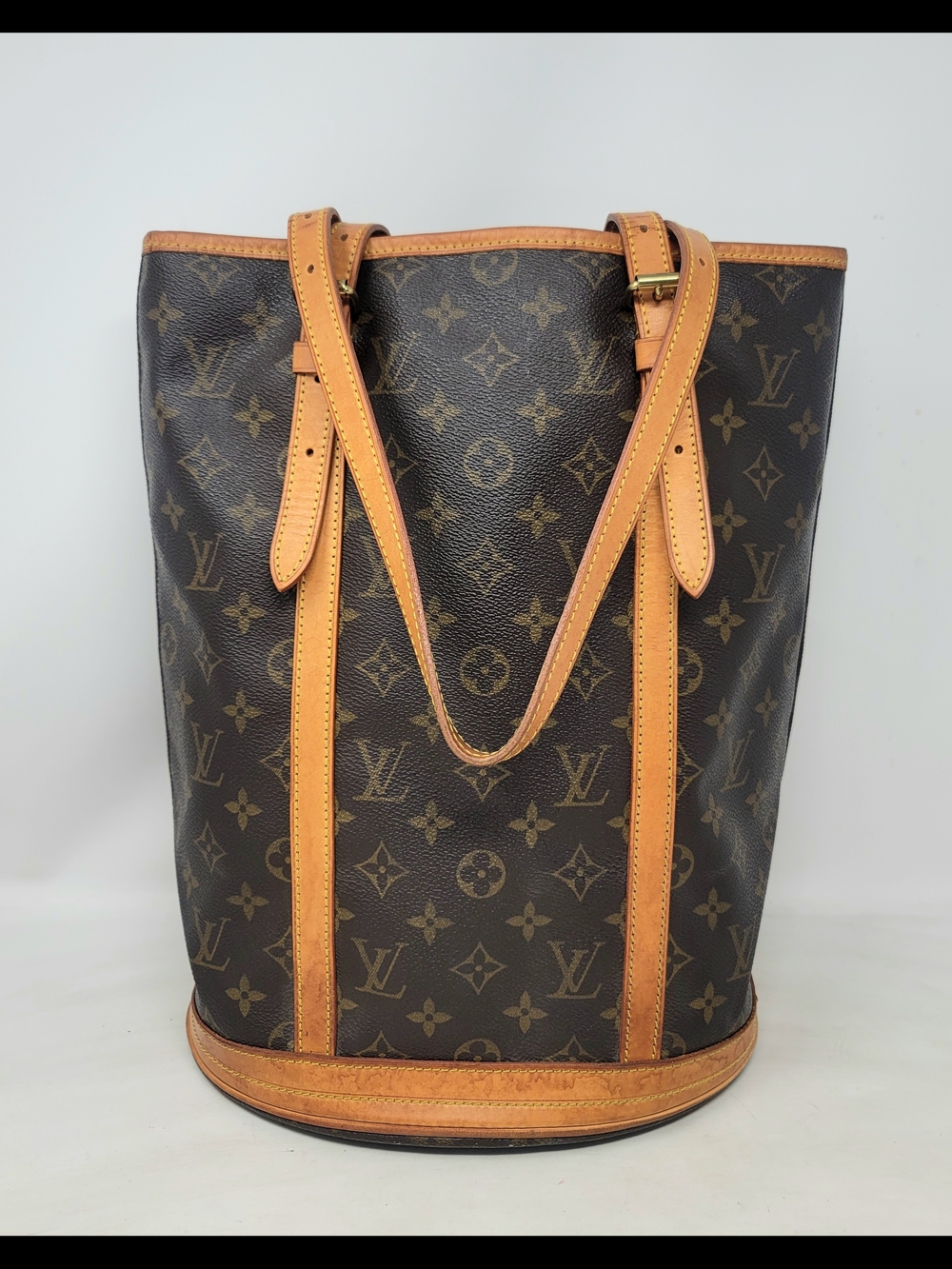 Louis Vuitton Cabas Bucket GM Monogram Canvas Leather Tote Hand Bag Authentic